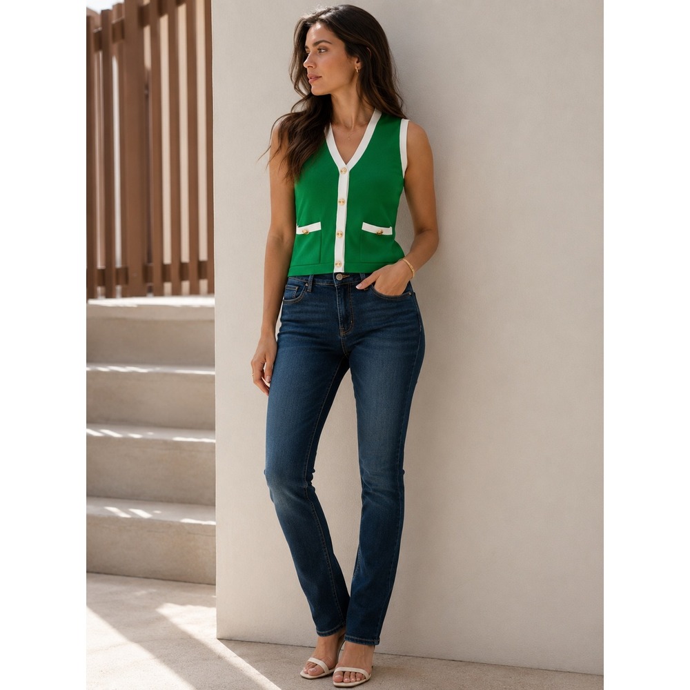 luvamia Knit Vest Womens Medium Green White Contrast Trim Gold Button Preppy NEW